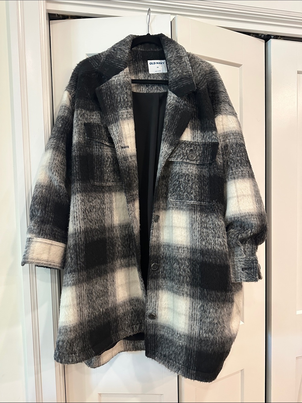 Old Navy Black and White Plaid Pea Coat